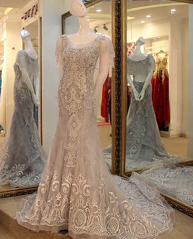 Fashionable Crew Short Sleeves Mermaid Floor-Length Lace-up Appliques Prom Dress