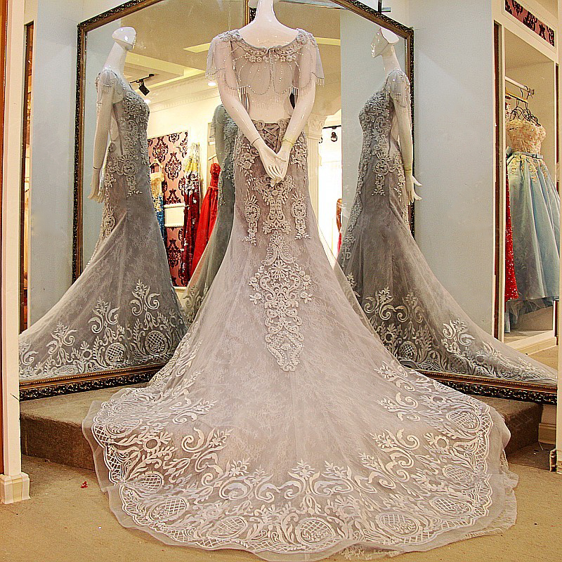 Fashionable Crew Short Sleeves Mermaid Floor-Length Lace-up Appliques Prom Dress