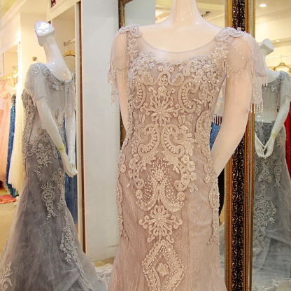 Fashionable Crew Short Sleeves Mermaid Floor-Length Lace-up Appliques Prom Dress