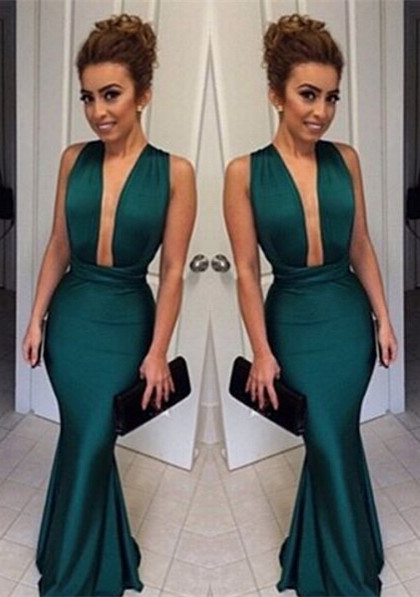 Dark Green Mermaid Prom Dresses Deep V Neck Long Sexy Evening Gowns