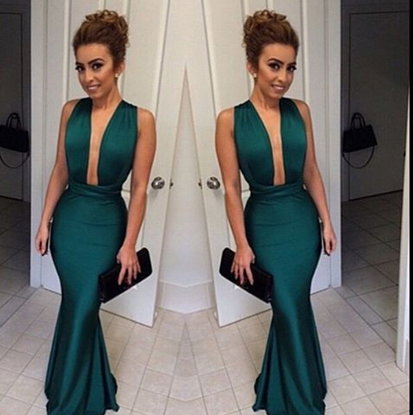 Dark Green Mermaid Prom Dresses Deep V Neck Long Sexy Evening Gowns