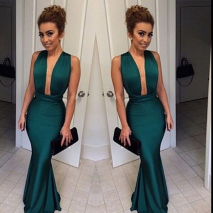 Dark Green Mermaid Prom Dresses Deep V Neck Long Sexy Evening Gowns