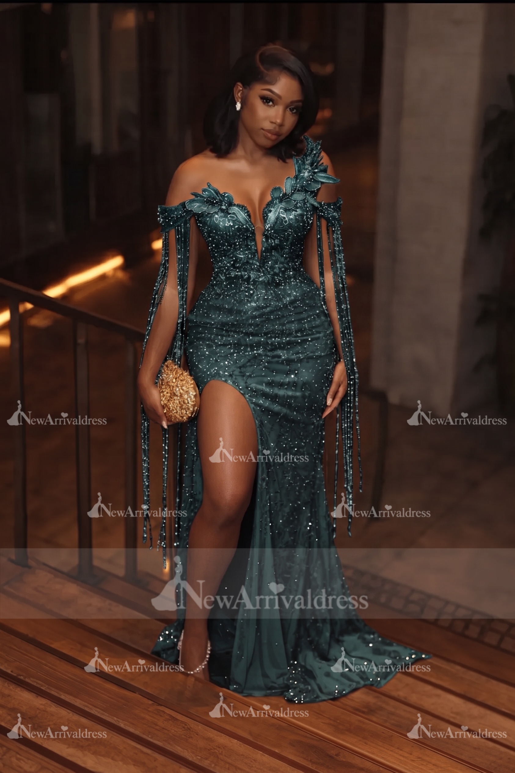 Asymmetric  Sequins Prom Dress Sleeveless Mermaid Gold Evening Gown with Tassels