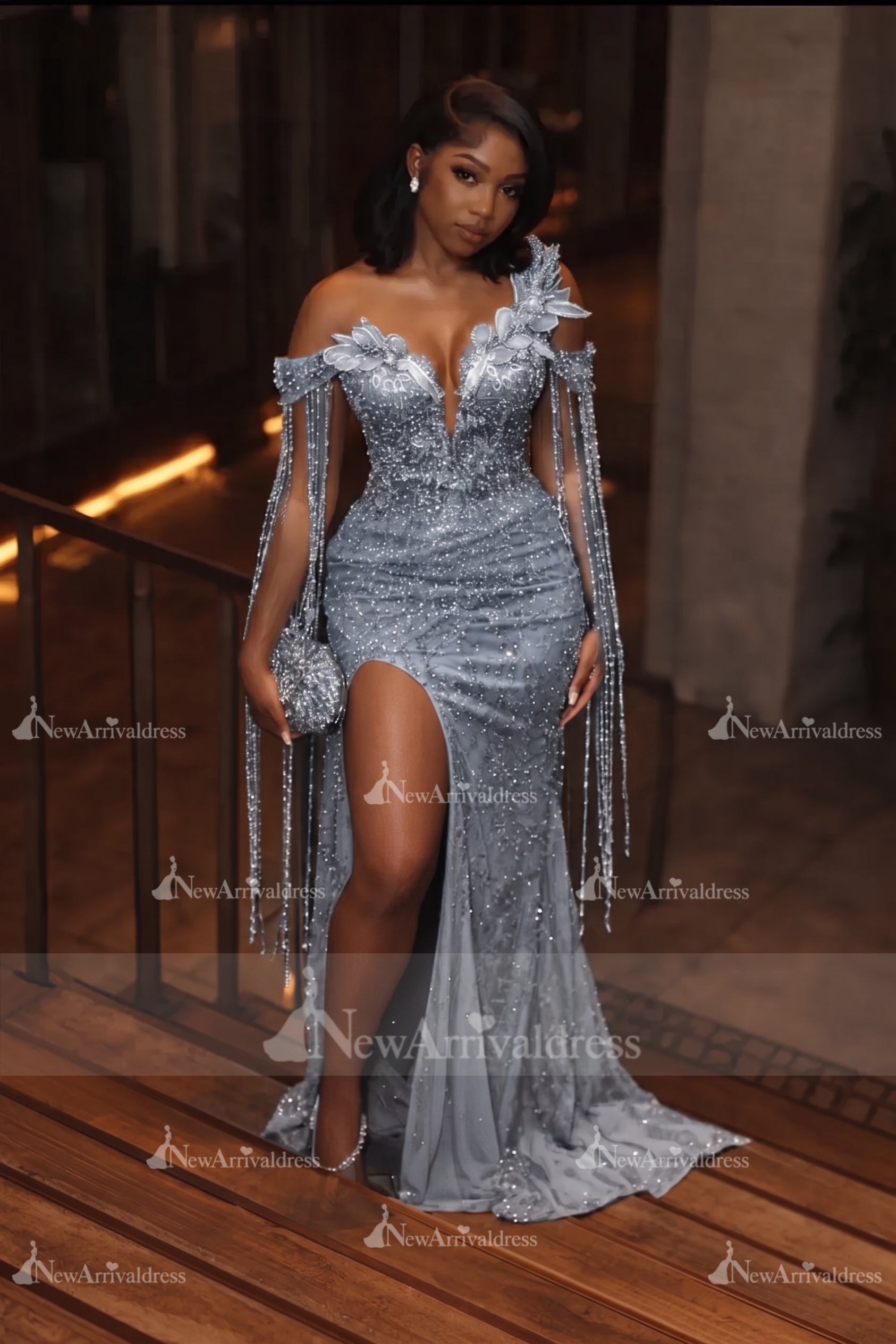 Asymmetric  Sequins Prom Dress Sleeveless Mermaid Gold Evening Gown with Tassels