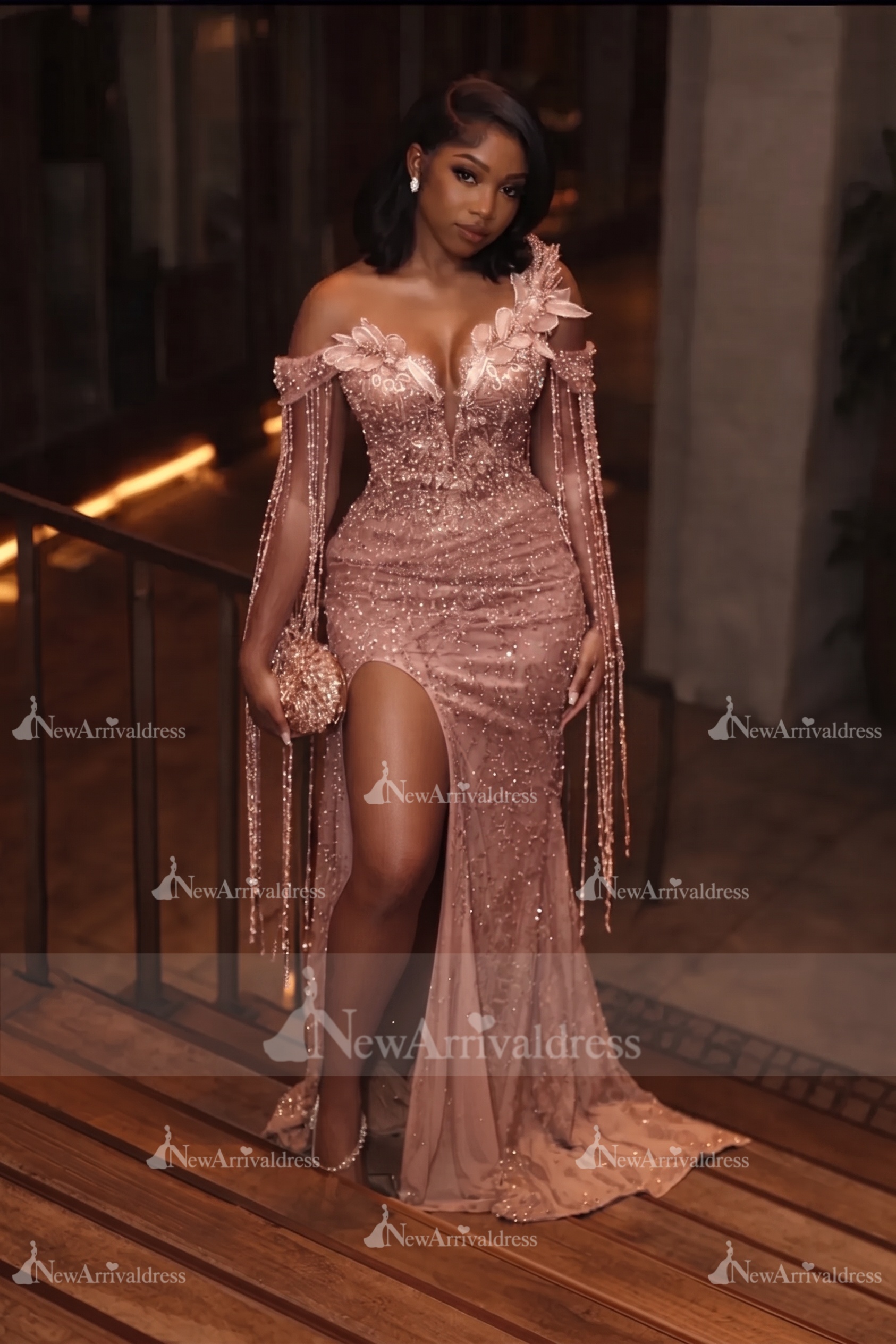 Asymmetric  Sequins Prom Dress Sleeveless Mermaid Gold Evening Gown with Tassels
