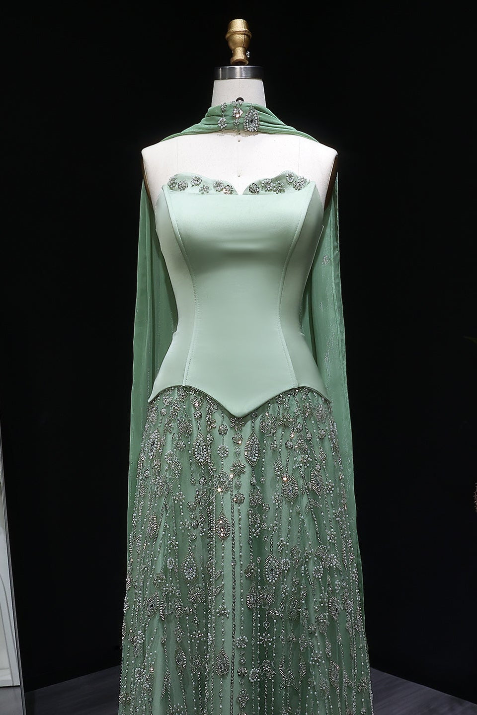 Dusty Sage Strapless Satin Floor-Length A-Line Prom Dress with Beasings