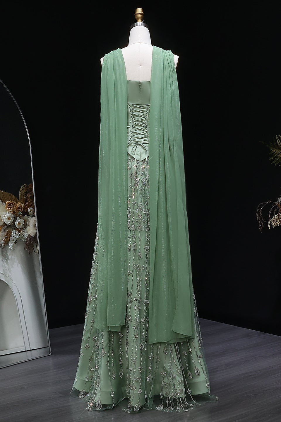 Dusty Sage Strapless Satin Floor-Length A-Line Prom Dress with Beasings