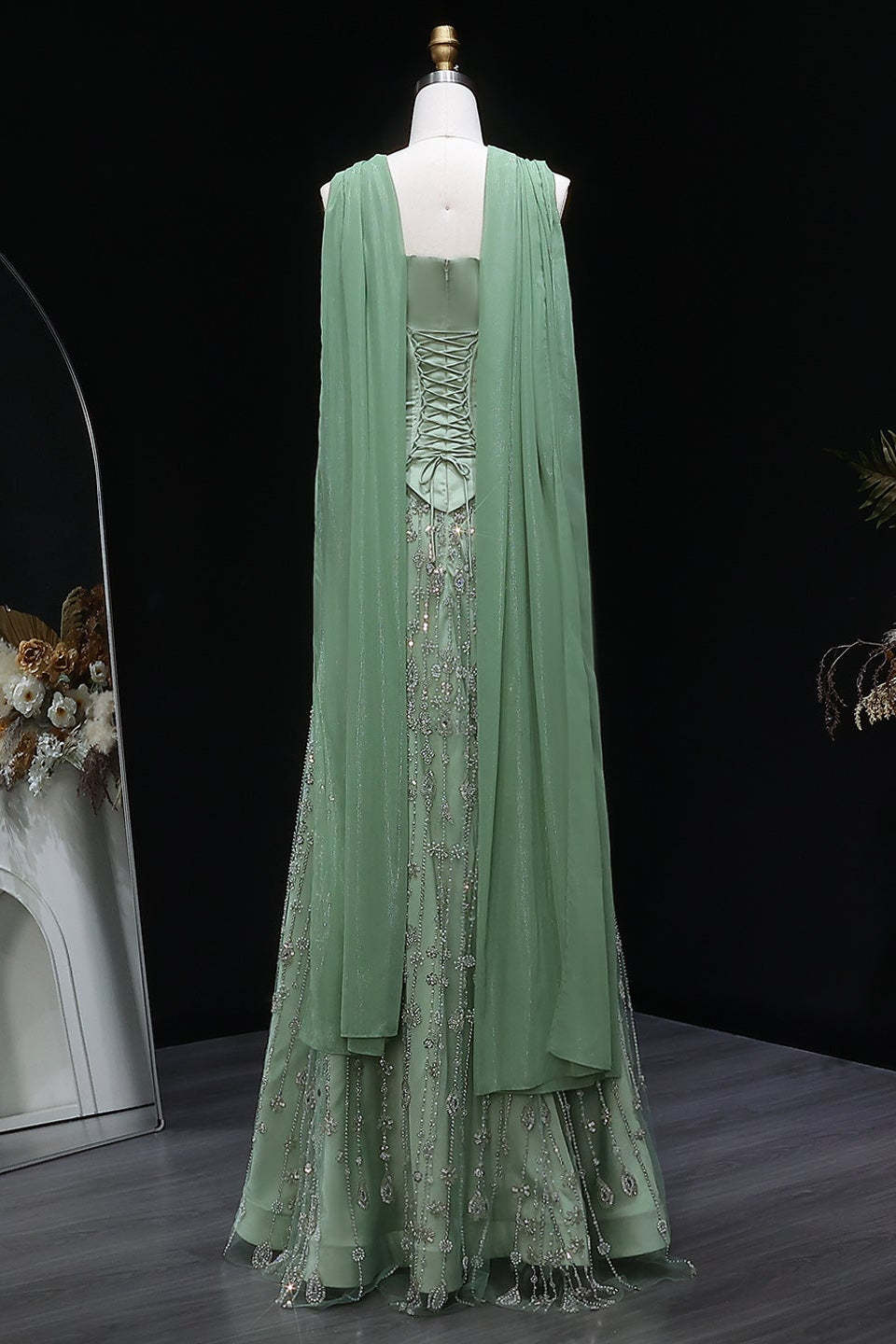 Dusty Sage Strapless Satin Floor-Length A-Line Prom Dress with Beasings