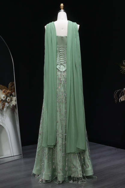 Dusty Sage Strapless Satin Floor-Length A-Line Prom Dress with Beasings