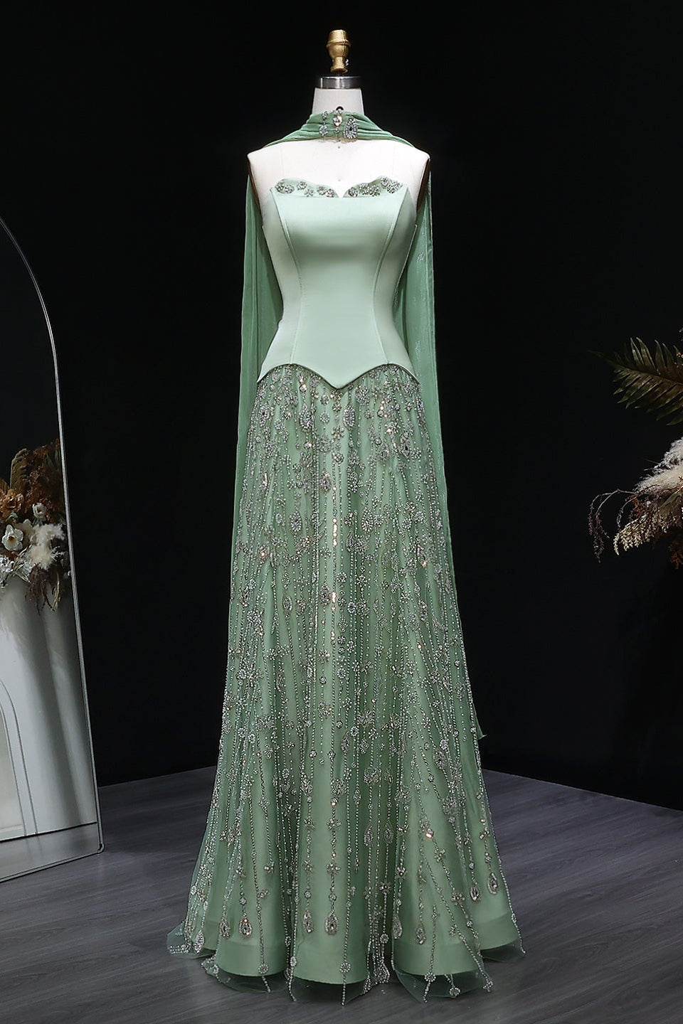 Dusty Sage Strapless Satin Floor-Length A-Line Prom Dress with Beasings