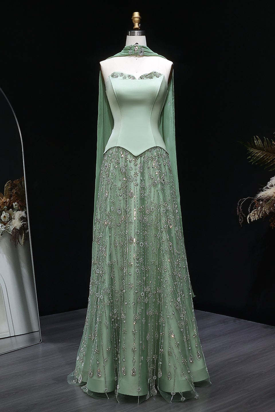 Dusty Sage Strapless Satin Floor-Length A-Line Prom Dress with Beasings