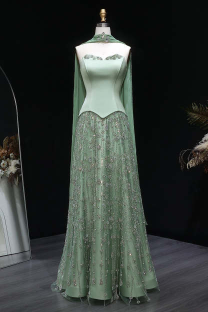 Dusty Sage Strapless Satin Floor-Length A-Line Prom Dress with Beasings