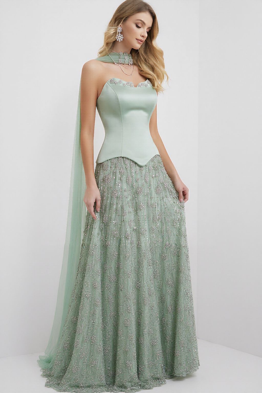 Dusty Sage Strapless Satin Floor-Length A-Line Prom Dress with Beasings
