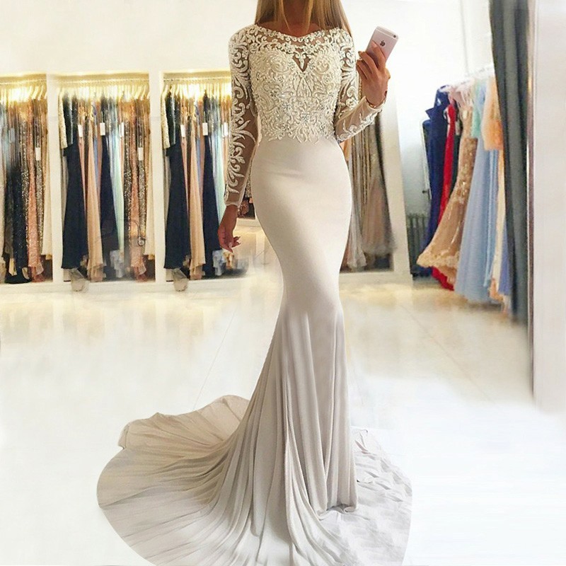Elegant Long-Sleeve Lace Prom Dress |Mermaid Evening Party Gowns