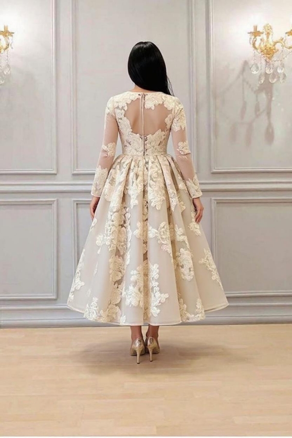 Elegant Long Sleeves Tea Length Wedding Dress Floral Lace Bridal Dress-newarrivaldress