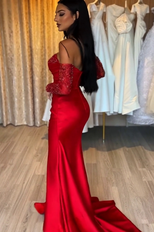 Sweetheart Satin Mermaid Prom Dress Glitter Sequins Side Slit Evening Dress with Sleeves