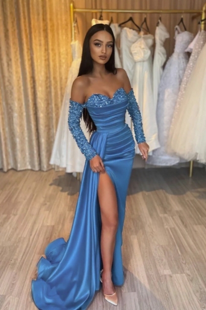 Sweetheart Satin Mermaid Prom Dress Glitter Sequins Side Slit Evening Dress with Sleeves