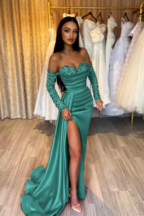 Sweetheart Satin Mermaid Prom Dress Glitter Sequins Side Slit Evening Dress with Sleeves