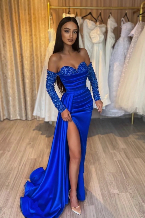 Sweetheart Satin Mermaid Prom Dress Glitter Sequins Side Slit Evening Dress with Sleeves