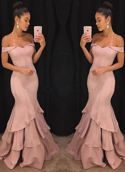 Elegant Pink Mermaid Prom Dresses | Off-the-Shoulder Evening Gowns with Ruffles Skirt