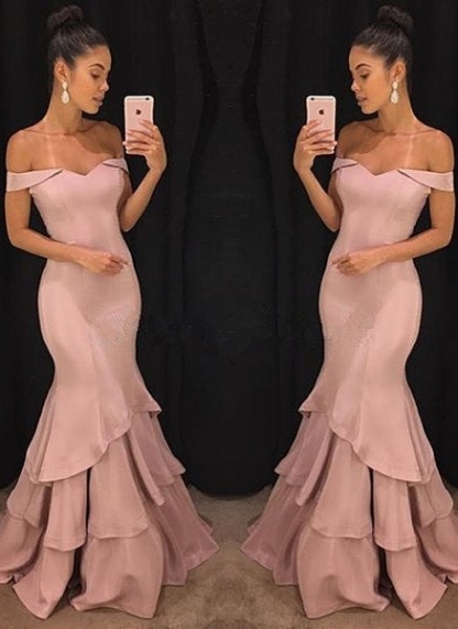 Elegant Pink Mermaid Prom Dresses | Off-the-Shoulder Evening Gowns with Ruffles Skirt
