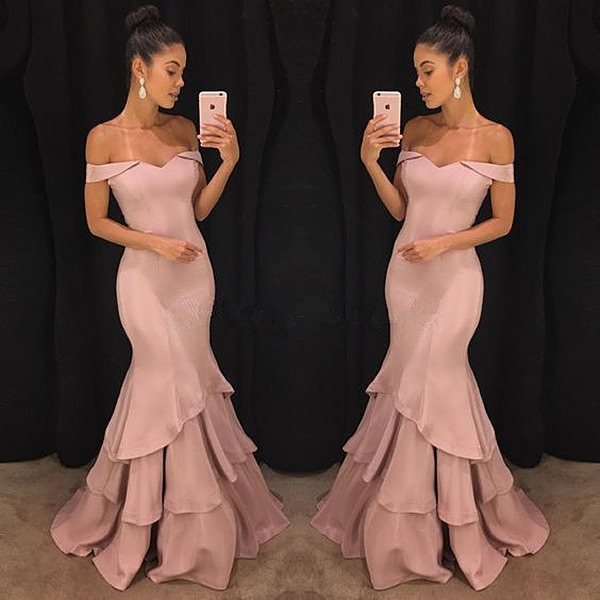 Elegant Pink Mermaid Prom Dresses | Off-the-Shoulder Evening Gowns with Ruffles Skirt