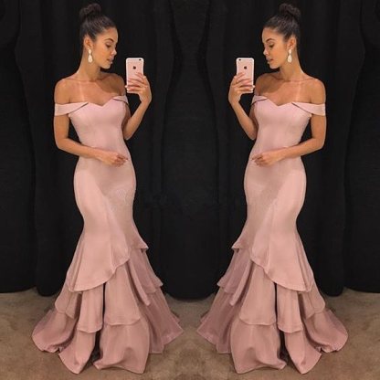 Elegant Pink Mermaid Prom Dresses | Off-the-Shoulder Evening Gowns with Ruffles Skirt