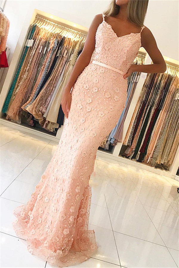 Elegant Pink Sheath Long Prom Dress | Spaghetti Straps Flowers Sleeveless Evening Dress