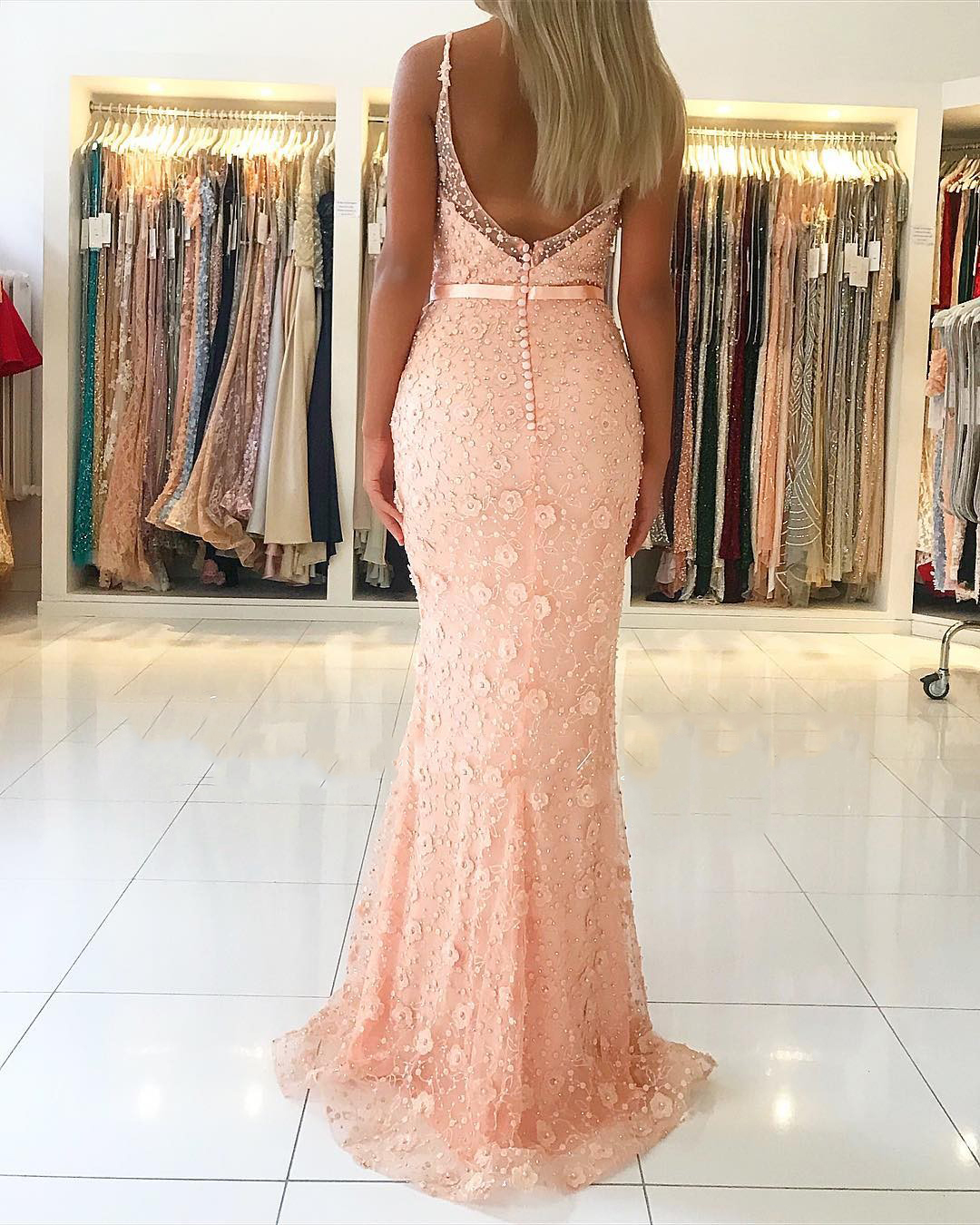 Elegant Pink Sheath Long Prom Dress | Spaghetti Straps Flowers Sleeveless Evening Dress