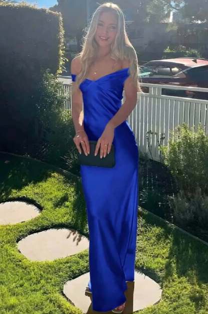 Off-the-Shoulder Ruffle Satin Mermaid Prom Dress Royal Blue