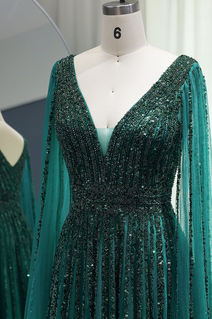 V-Neck Sequins Beaded Tulle Floor-Length A-Line Evening Dress with Cape