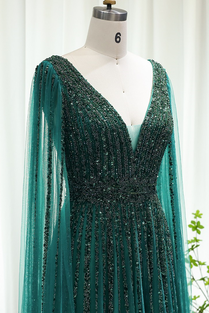 V-Neck Sequins Beaded Tulle Floor-Length A-Line Evening Dress with Cape