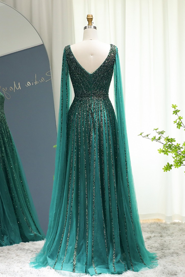 V-Neck Sequins Beaded Tulle Floor-Length A-Line Evening Dress with Cape