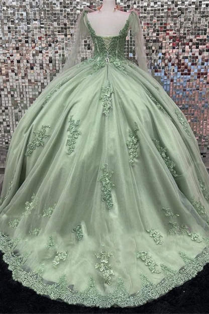 Sage Quinceanera Dresses Tull Lace Appliques Sweet 16 Ball Gown-newarrivaldress