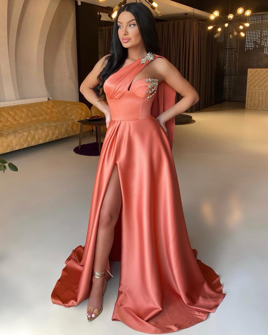 One-Shoulder Satin Beaded Floor-Length Mermaid Prom Dress with High Split