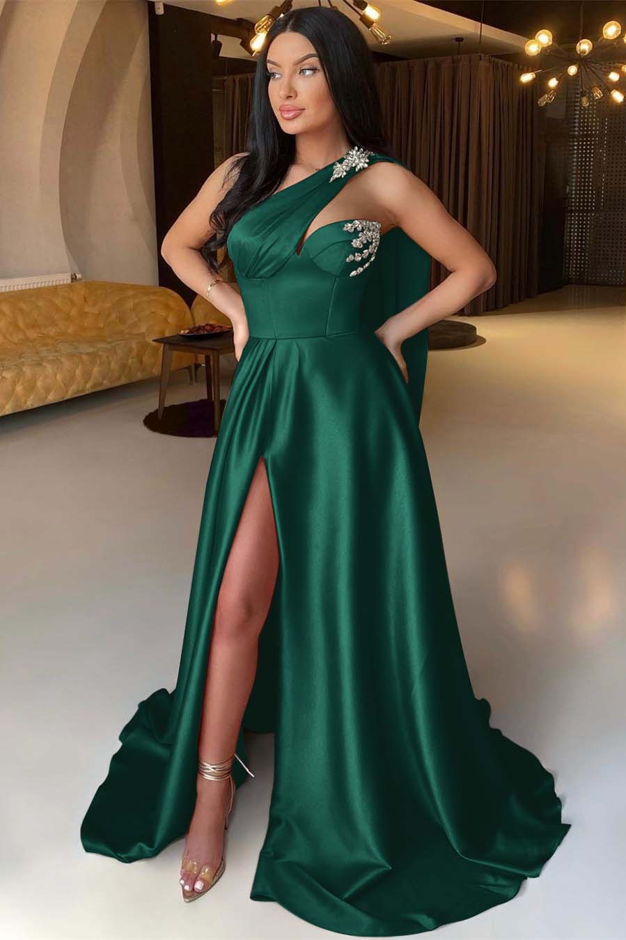 One-Shoulder Satin Beaded Floor-Length Mermaid Prom Dress with High Split