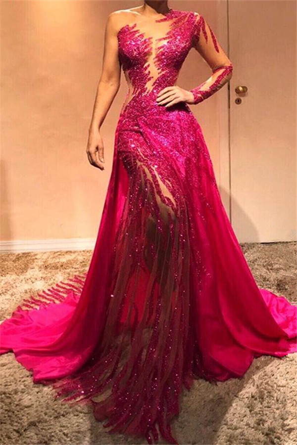 Glamorous One Shoulder Sequins Evening Dresses with Sleeves | Sexy Sheath Prom Dresses 