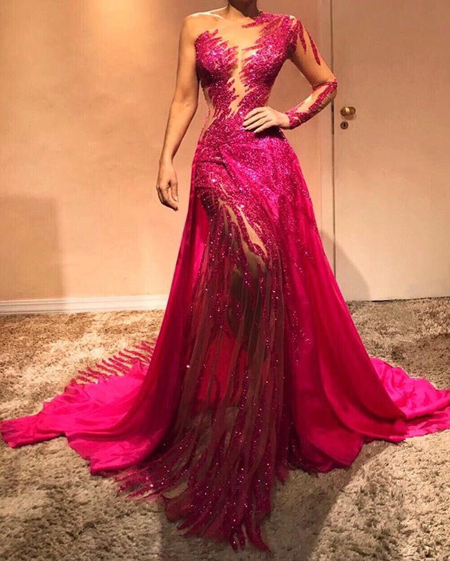 Glamorous One Shoulder Sequins Evening Dresses with Sleeves | Sexy Sheath Prom Dresses
