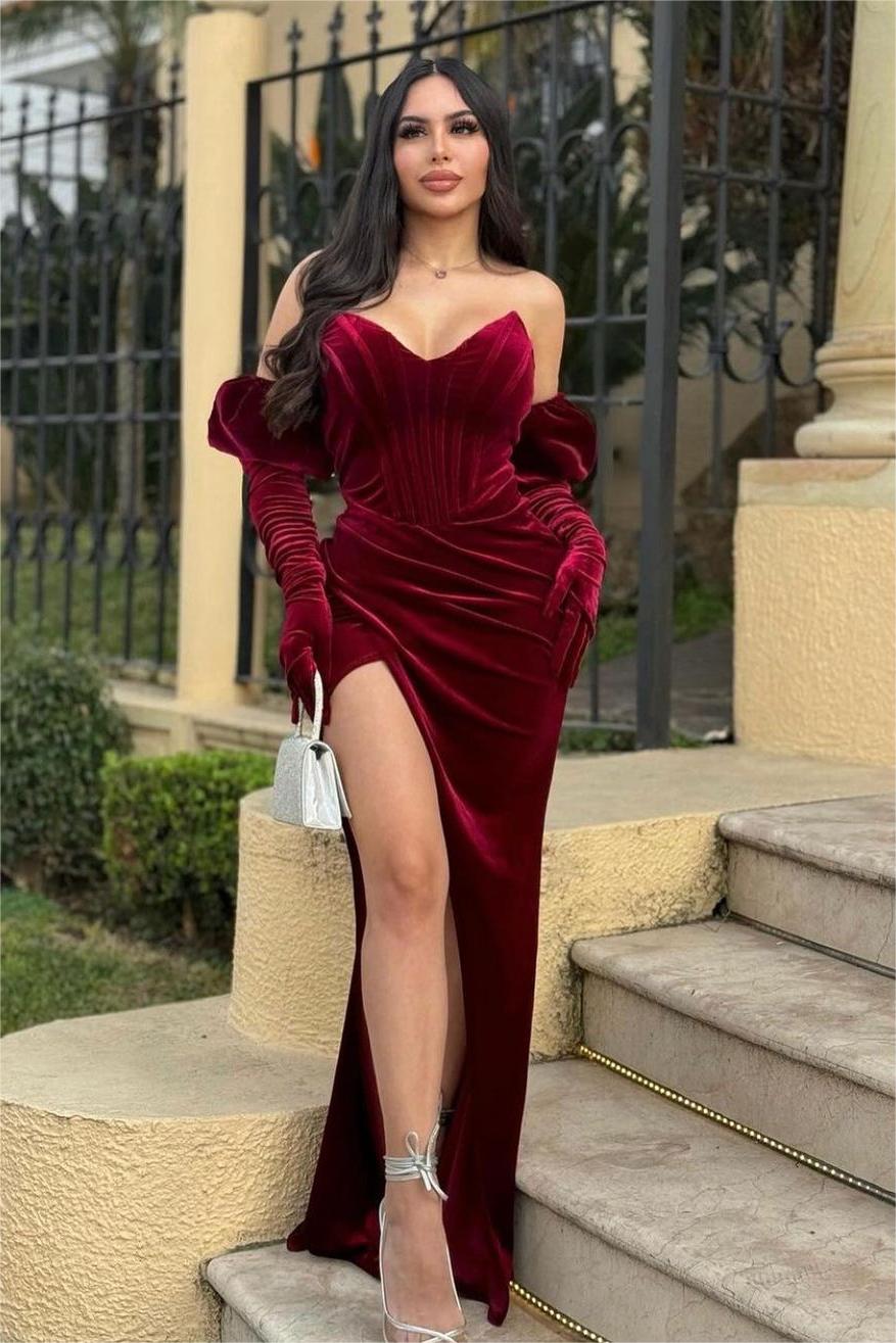Burgundy Sweetheart Velvet Floor-Length Mermaid Evening Dress with Split