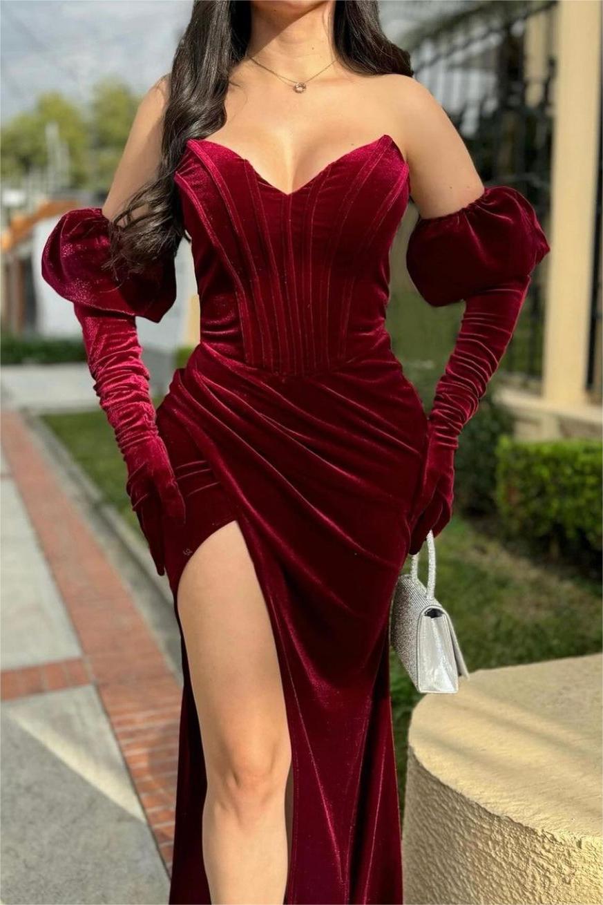 Burgundy Sweetheart Velvet Floor-Length Mermaid Evening Dress with Split