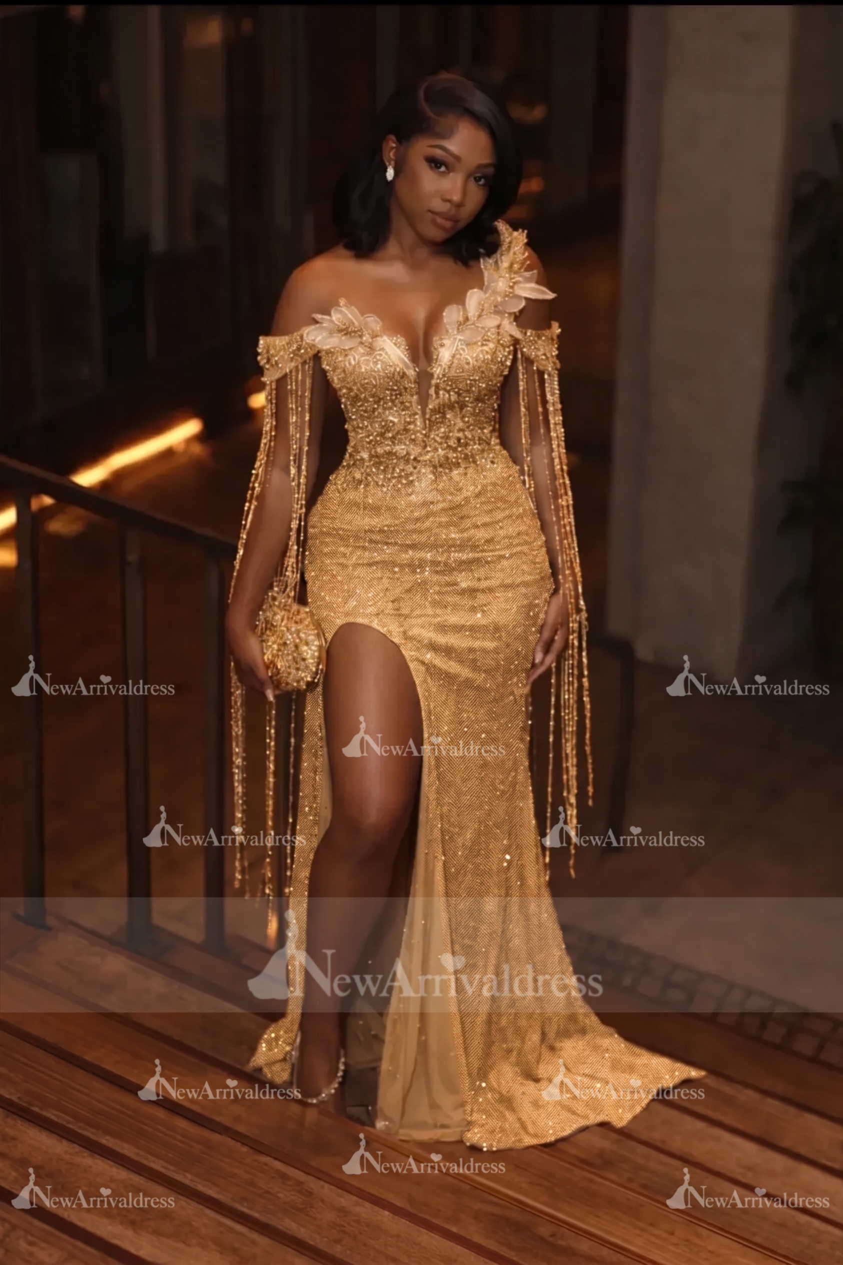 Asymmetric  Sequins Prom Dress Sleeveless Mermaid Gold Evening Gown with Tassels