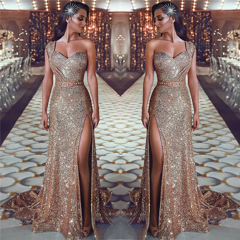 Gorgeous Mermaid Sequins Prom Gowns | One Shoulder Evening Dress With Slit