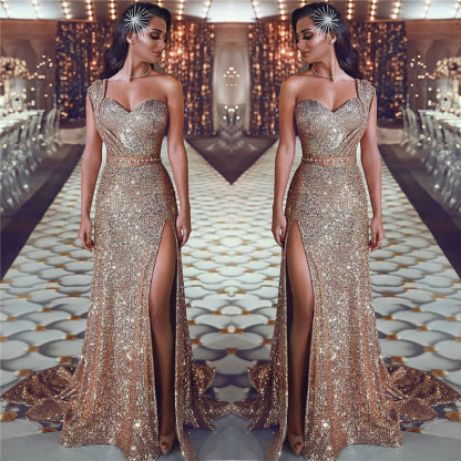 Gorgeous Mermaid Sequins Prom Gowns | One Shoulder Evening Dress With Slit