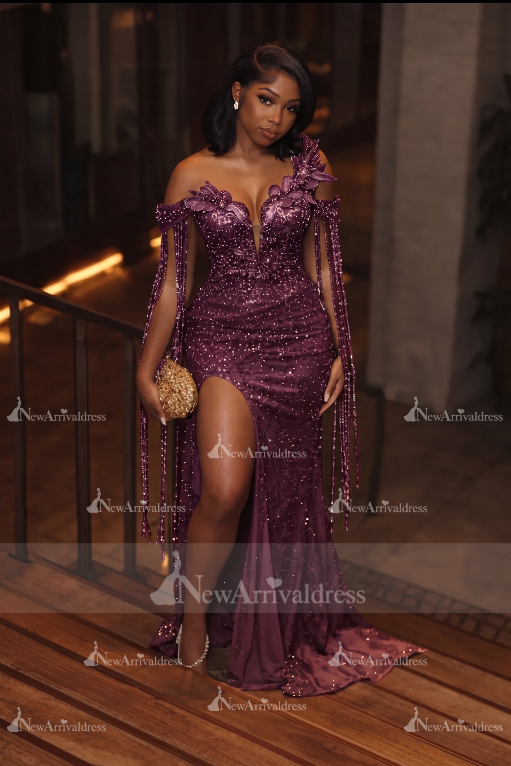 Asymmetric  Sequins Prom Dress Sleeveless Mermaid Gold Evening Gown with Tassels