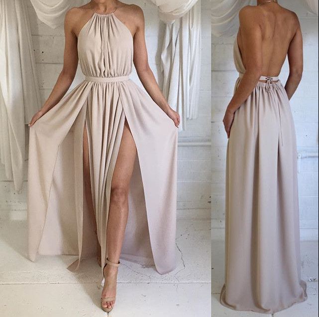  Halter Front Spilt Backless Formal Gowns Sexy Summer Party Dresses