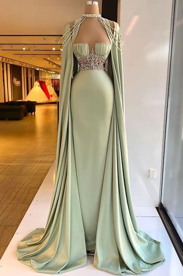 Straps Satin Beading Floor-Length Mermaid Prom Dress with Cape