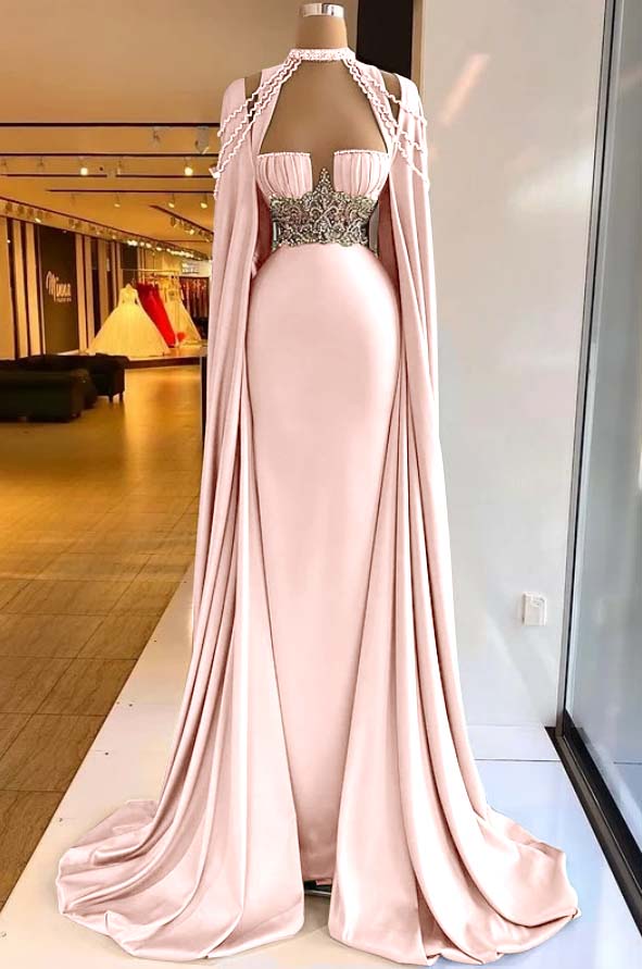 Straps Satin Beading Floor-Length Mermaid Prom Dress with Cape
