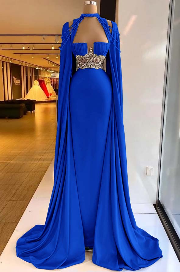 Straps Satin Beading Floor-Length Mermaid Prom Dress with Cape