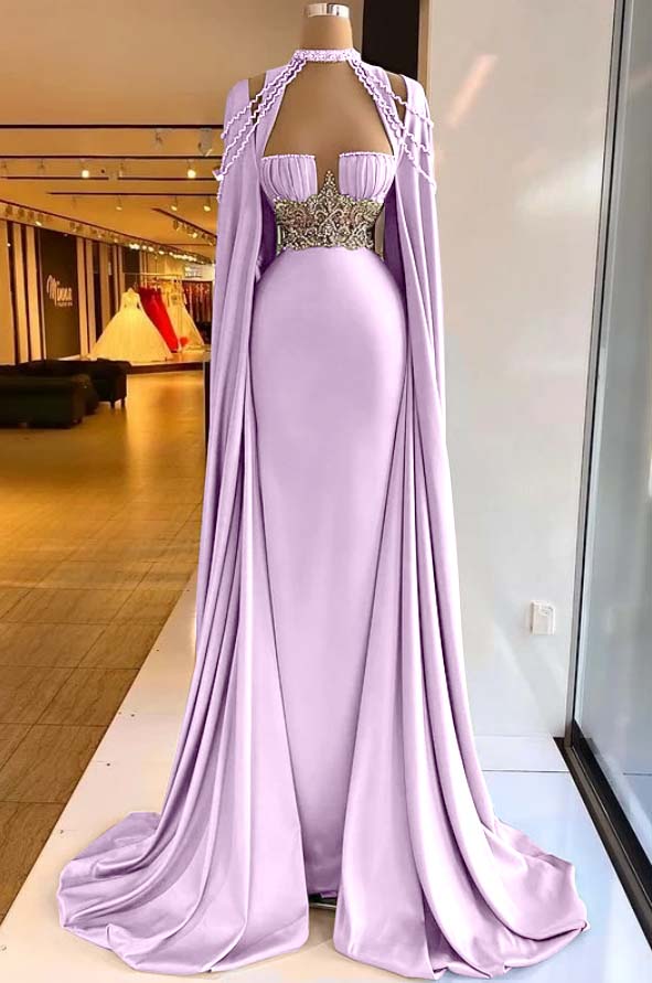 Straps Satin Beading Floor-Length Mermaid Prom Dress with Cape