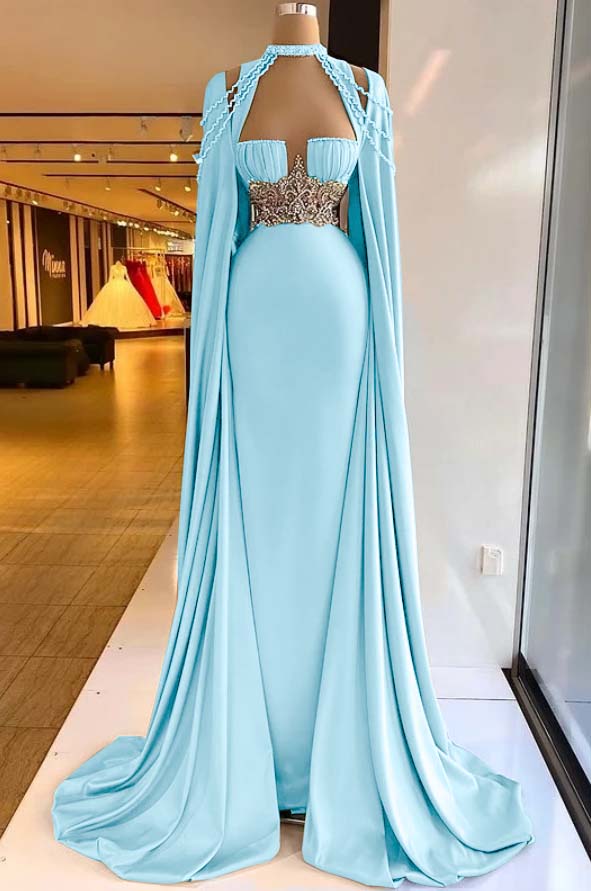 Straps Satin Beading Floor-Length Mermaid Prom Dress with Cape